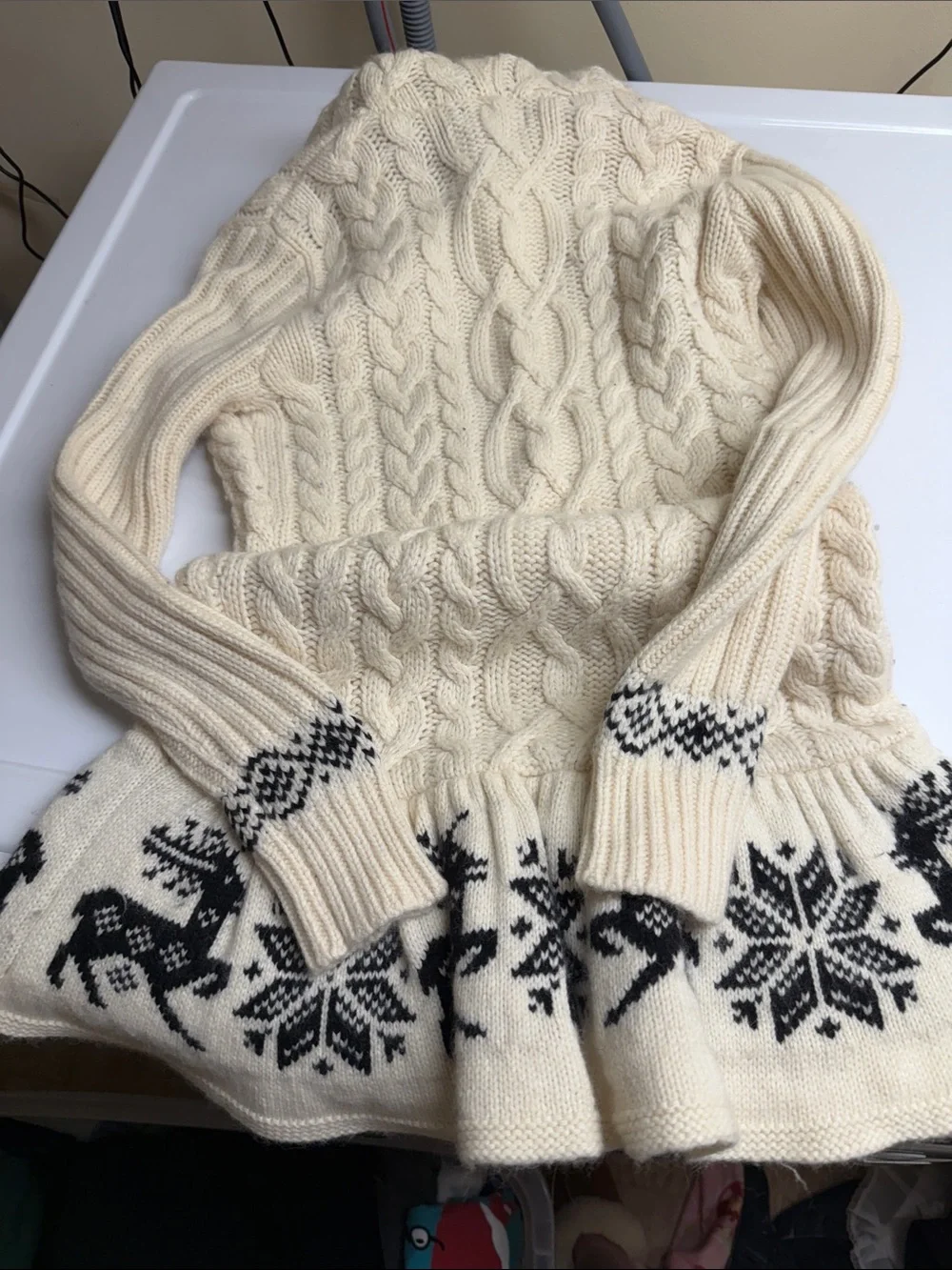 Girls’ Ralph Lauren Cream Cable-Knit Hooded Sweater with Black Fair Isle Trim